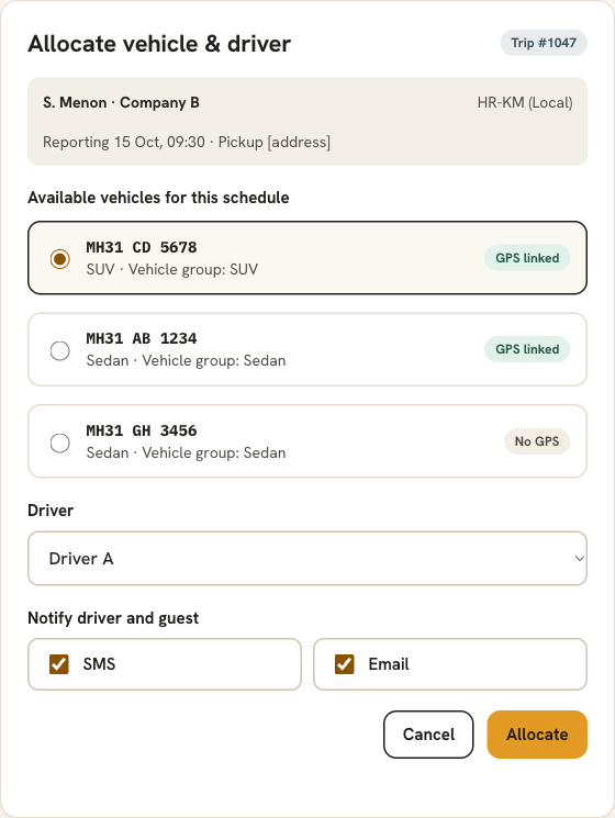 Allocate vehicle and driver dialog listing available vehicles with GPS status and SMS and email notification options (sample data)