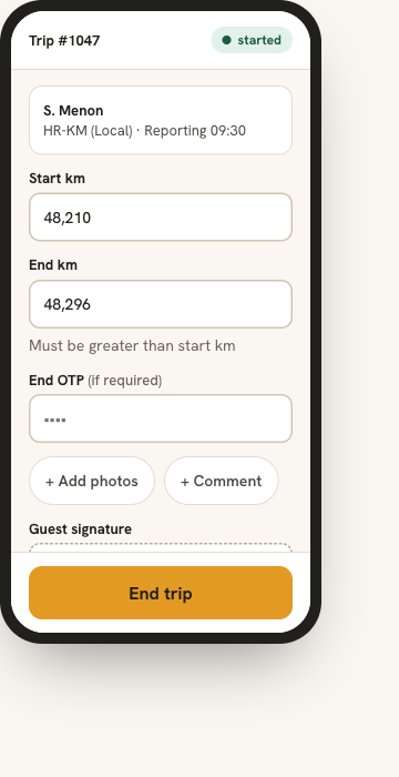 Driver trip page on a phone with start and end kilometres, OTP, photos and guest signature (sample data)