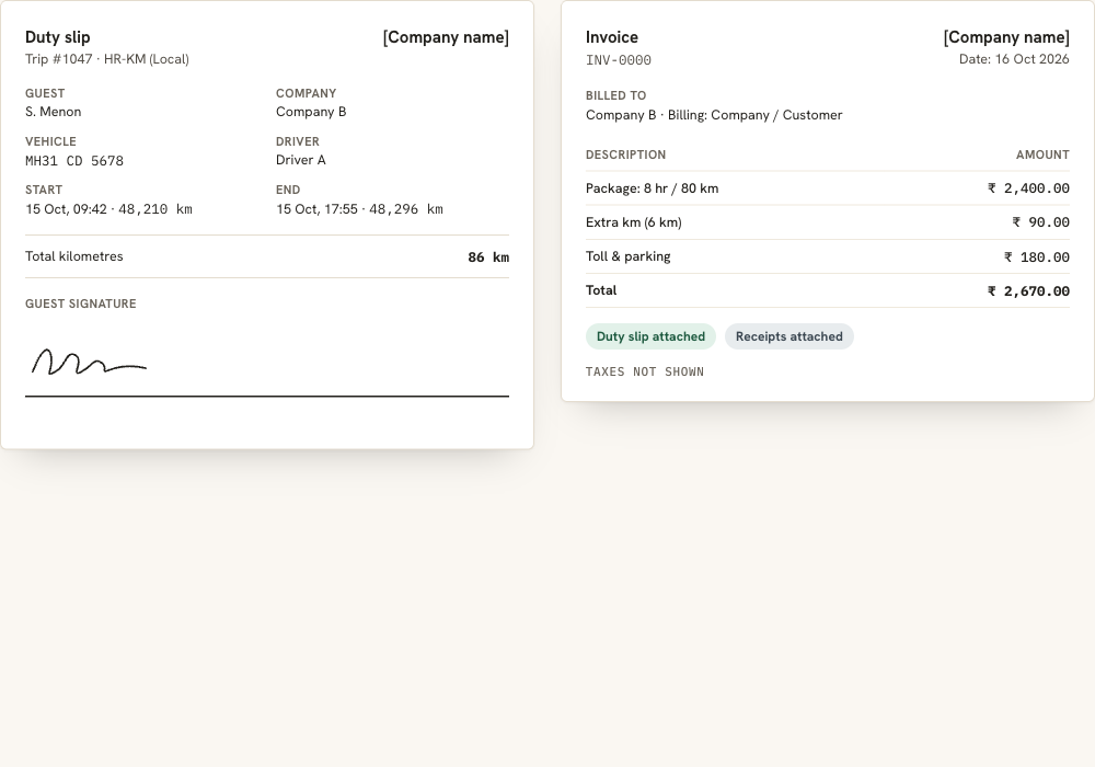Duty slip with guest signature next to a generated invoice (sample data)