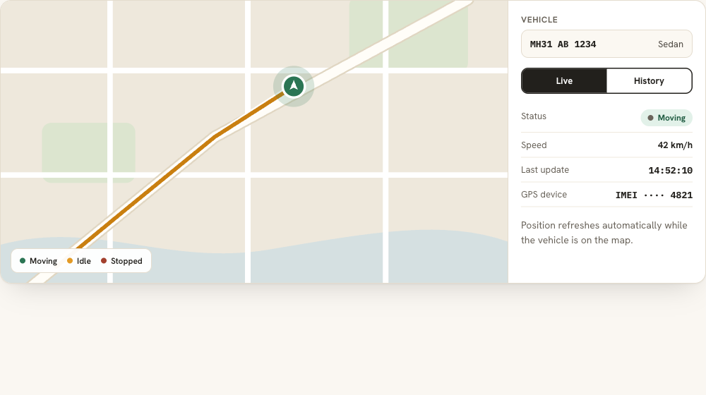 Live map with a GPS-enabled vehicle moving along a route and its status panel (sample data)